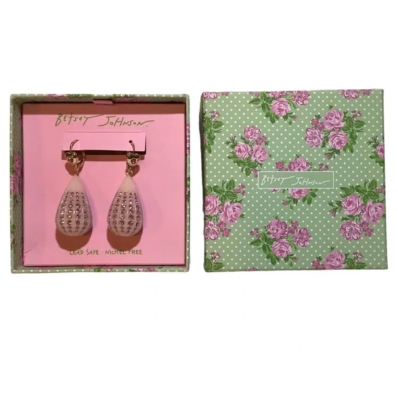 Betsey Johnson Pink Crystal Teardrop Rhinestone Earrings New - Picture 4 of 5